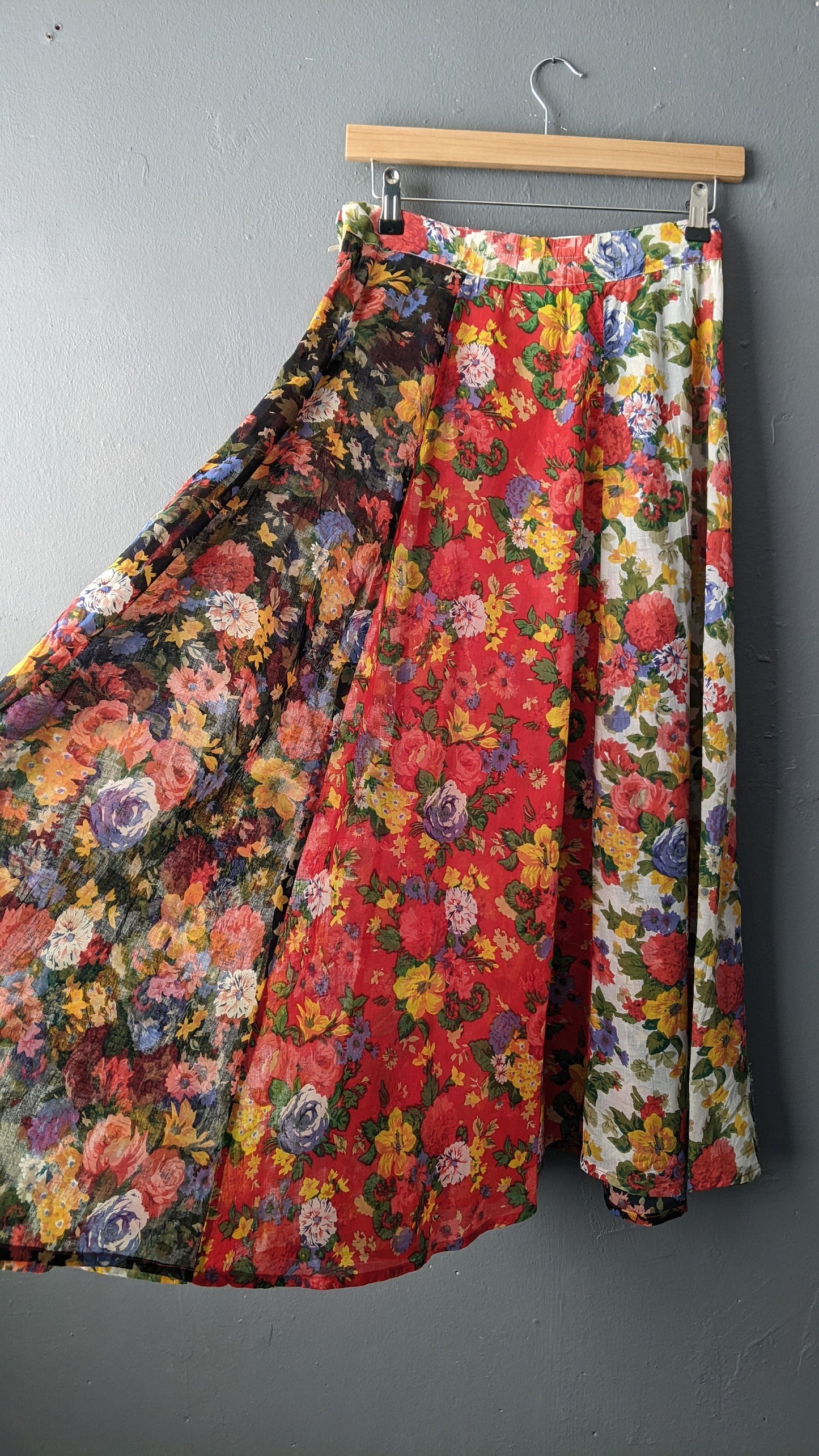 90s Multicoloured Floral Maxi Skirt, Floaty Semi Sheer Summer, Size Small