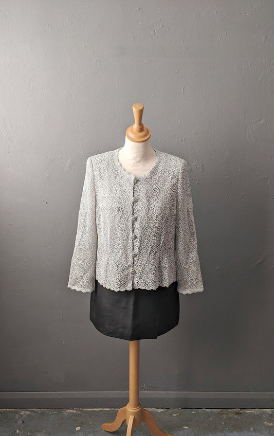 90s Metallic Silver Venise Lace Jacket, Formal Event Blazer, Size Medium