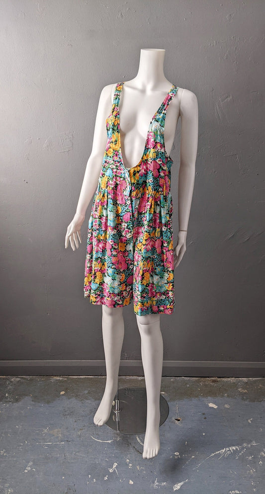 90s Colourful Cotton Playsuit, Multicoloured Short Underbust Romper, Size Large