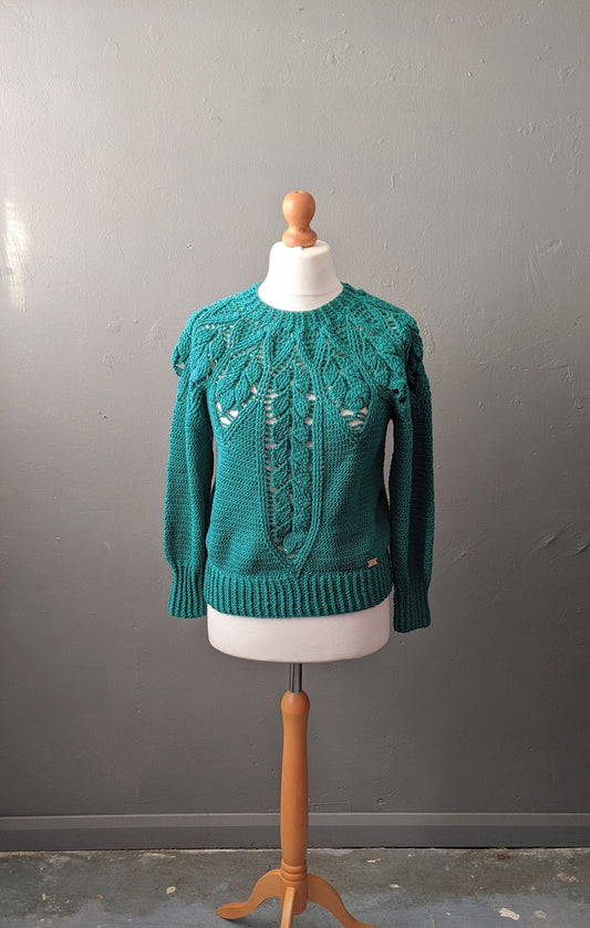 90s Sea Green Crochet Jumper, Size Medium