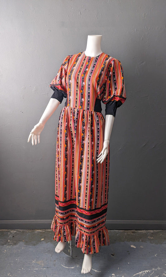 70s Peasant Style Maxi Dress by Luna Modelle, Bohemian Stripes, Size Small Medium
