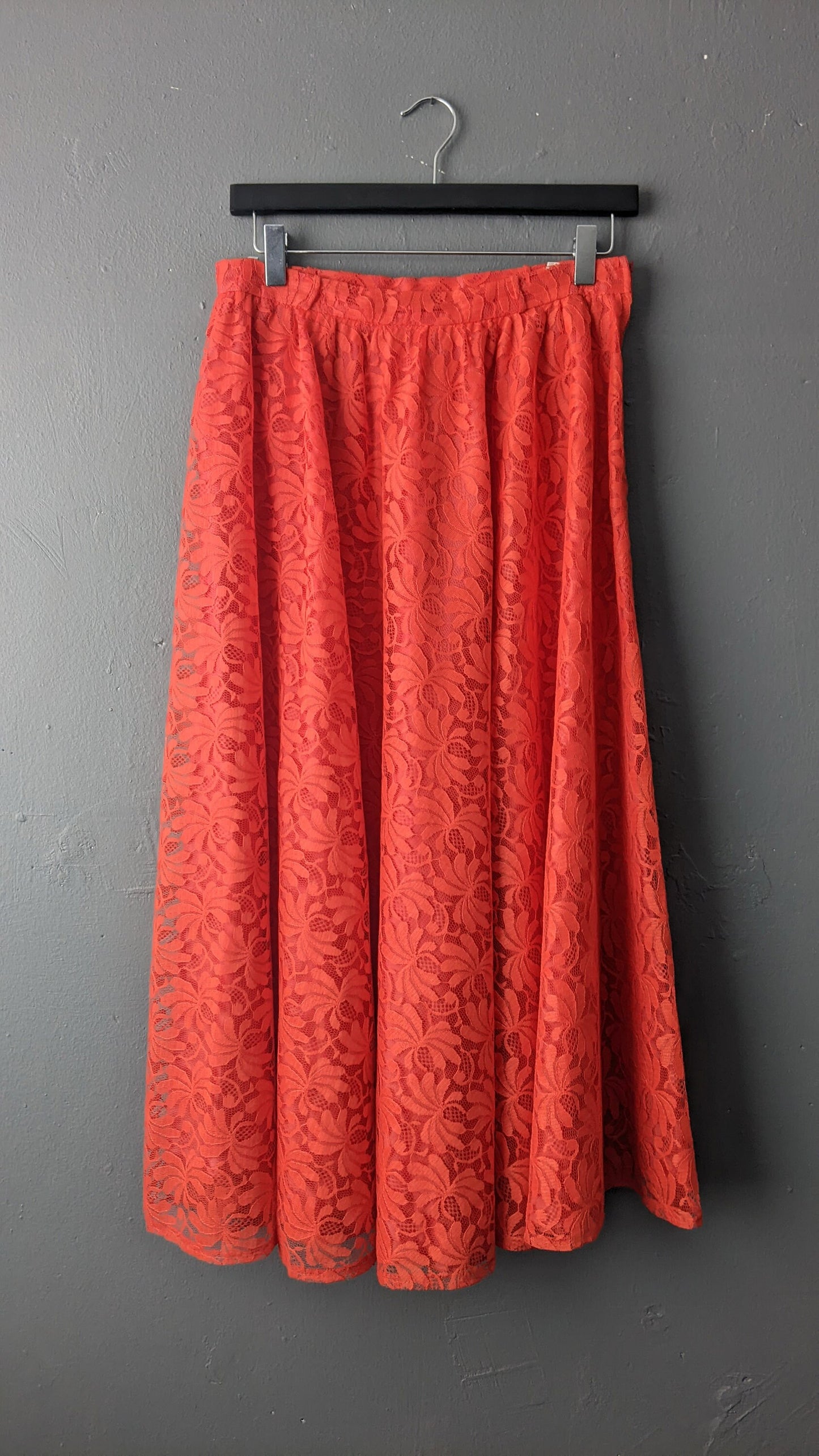 80s Bright Red Lace Midi Skirt by Hermann Lange, Neon Full Skirt, Size Small