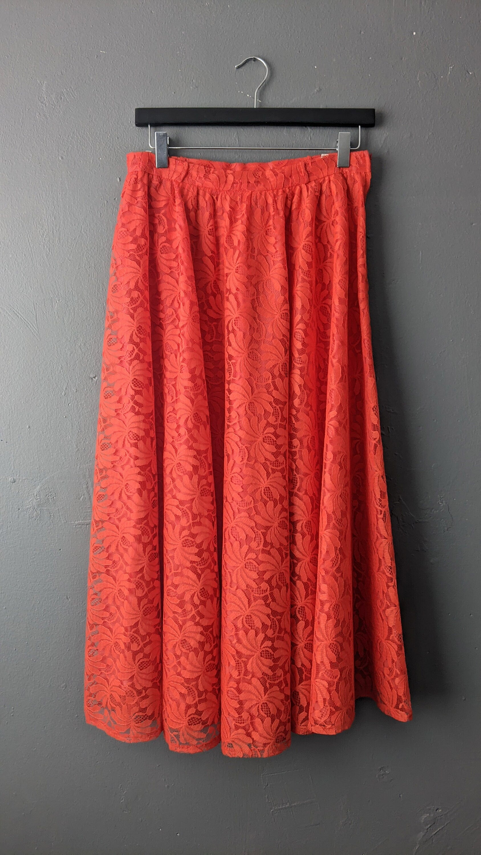 80s Bright Red Lace Midi Skirt by Hermann Lange, Neon Full Skirt, Size Small