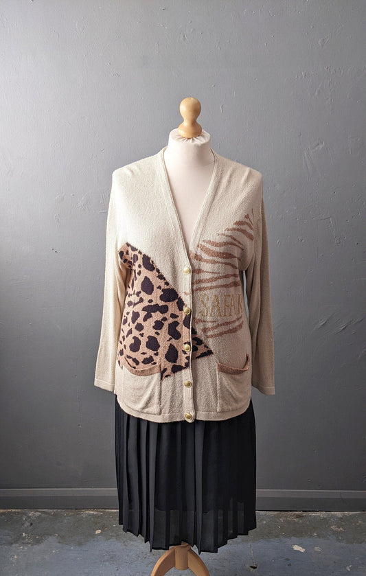 90s Silk Cardigan, Lightweight Summer Knit, Leopard Print Safari, Plus Size XXL