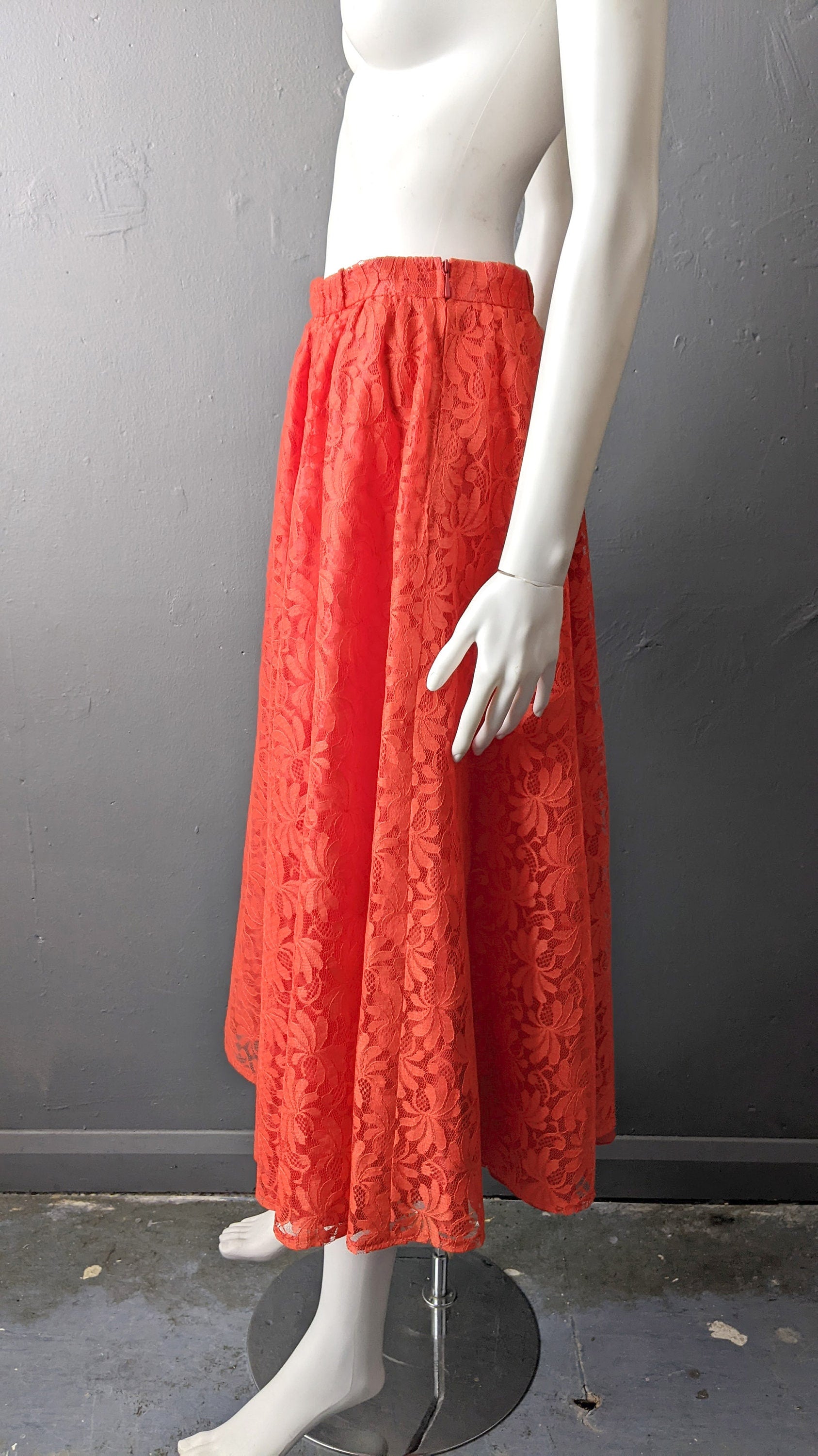 80s Bright Red Lace Midi Skirt by Hermann Lange, Neon Full Skirt, Size Small