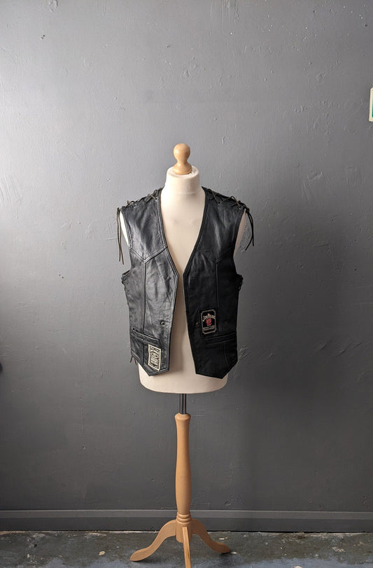 80s Mens Biker Leather Waistcoat, John F Gee Motorcycle Laced Vest, 40 Chest Size Medium