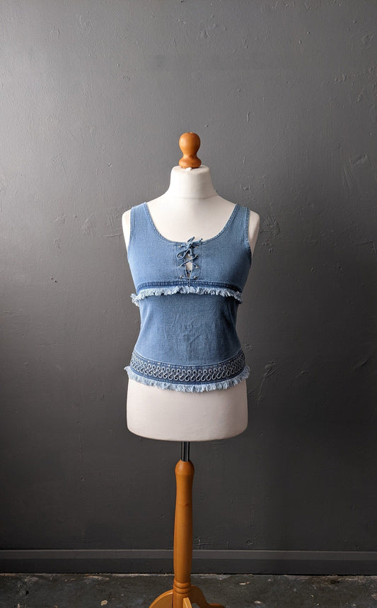 Vintage 90s Denim Vest Top with Bohemian Piping, Size Small
