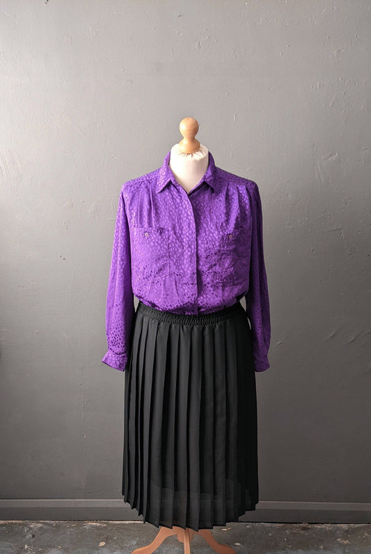 Vintage Royal Purple Blouse, 80s Jacquard Shirt, XL Plus Size