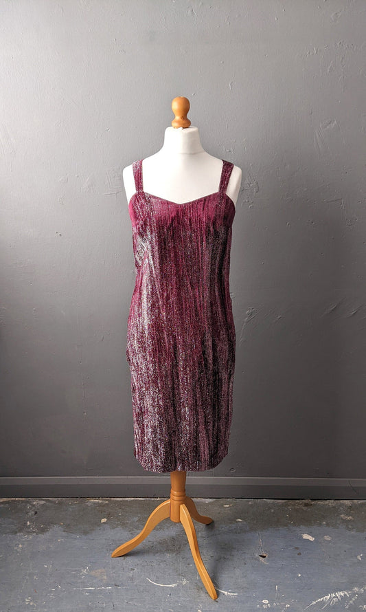 90s Plum Sheath Dress with Metallic Silver by Nienhaus & Lotz, Sparkly Eveningwear, Size Medium