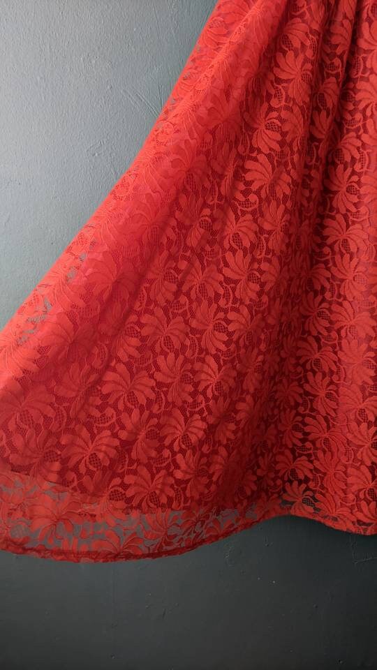 80s Bright Red Lace Midi Skirt by Hermann Lange, Neon Full Skirt, Size Small