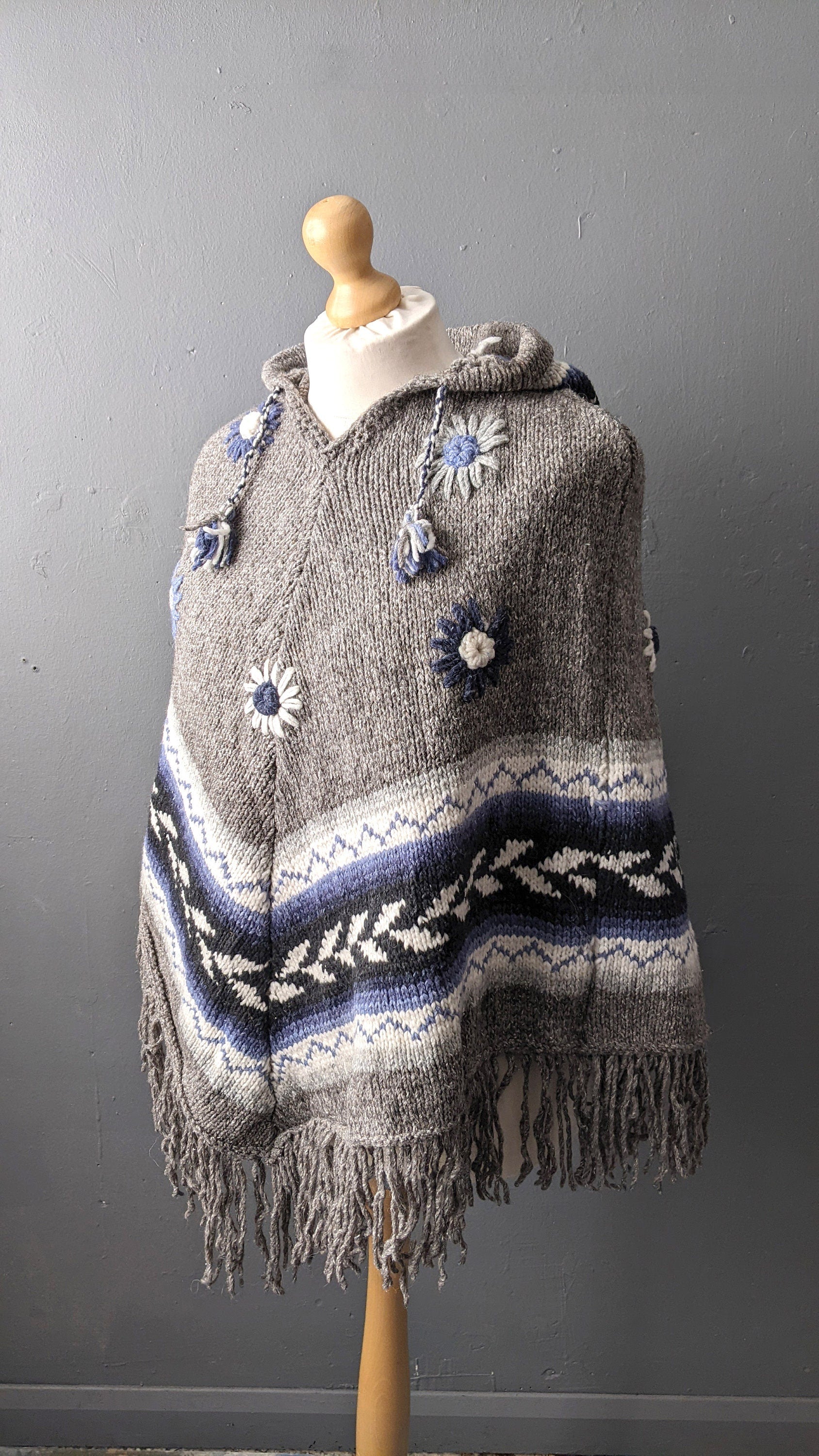 90s Wool Poncho with Pixie Hood, One Size