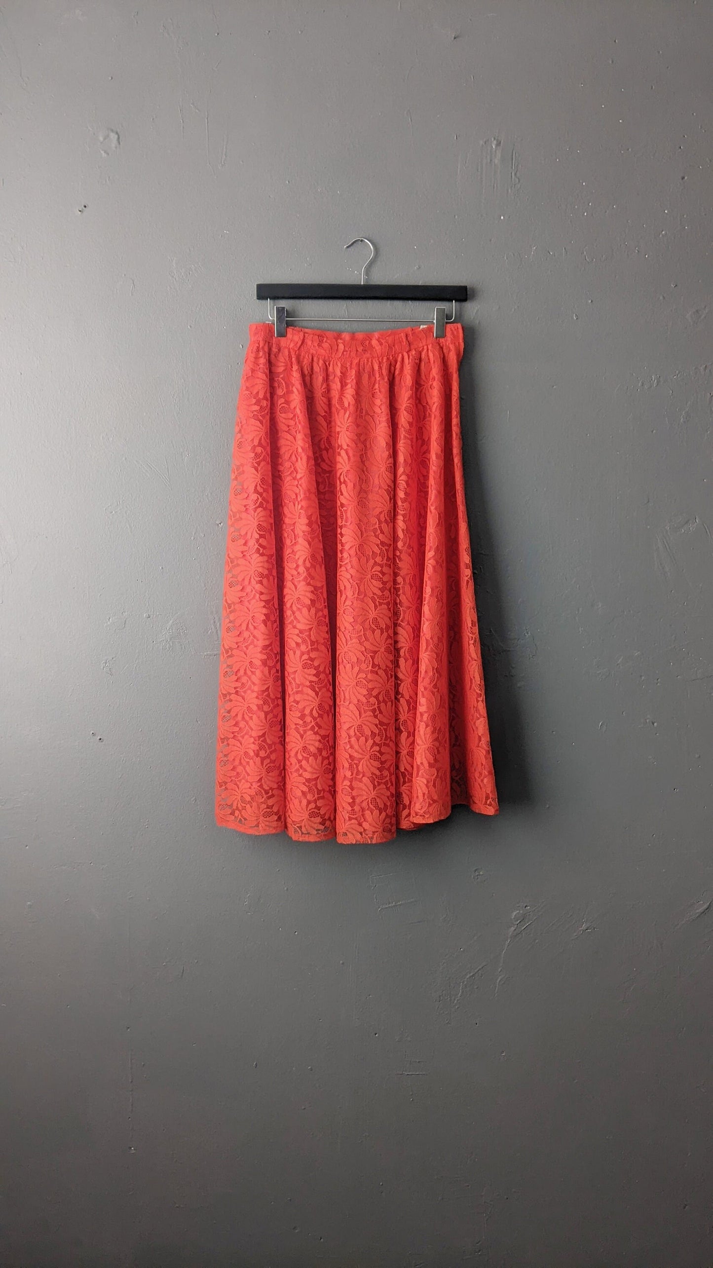 80s Bright Red Lace Midi Skirt by Hermann Lange, Neon Full Skirt, Size Small