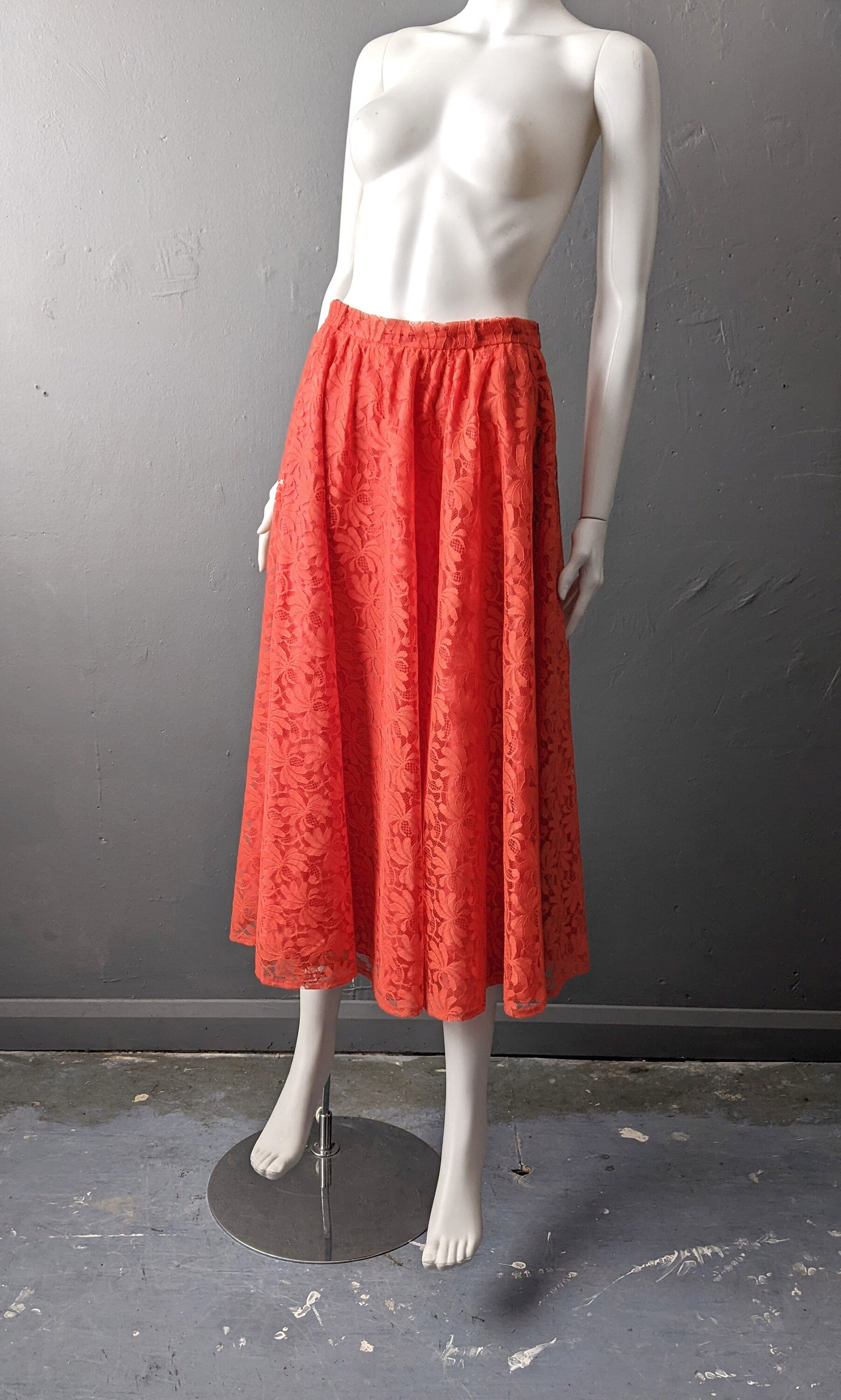 80s Bright Red Lace Midi Skirt by Hermann Lange, Neon Full Skirt, Size Small