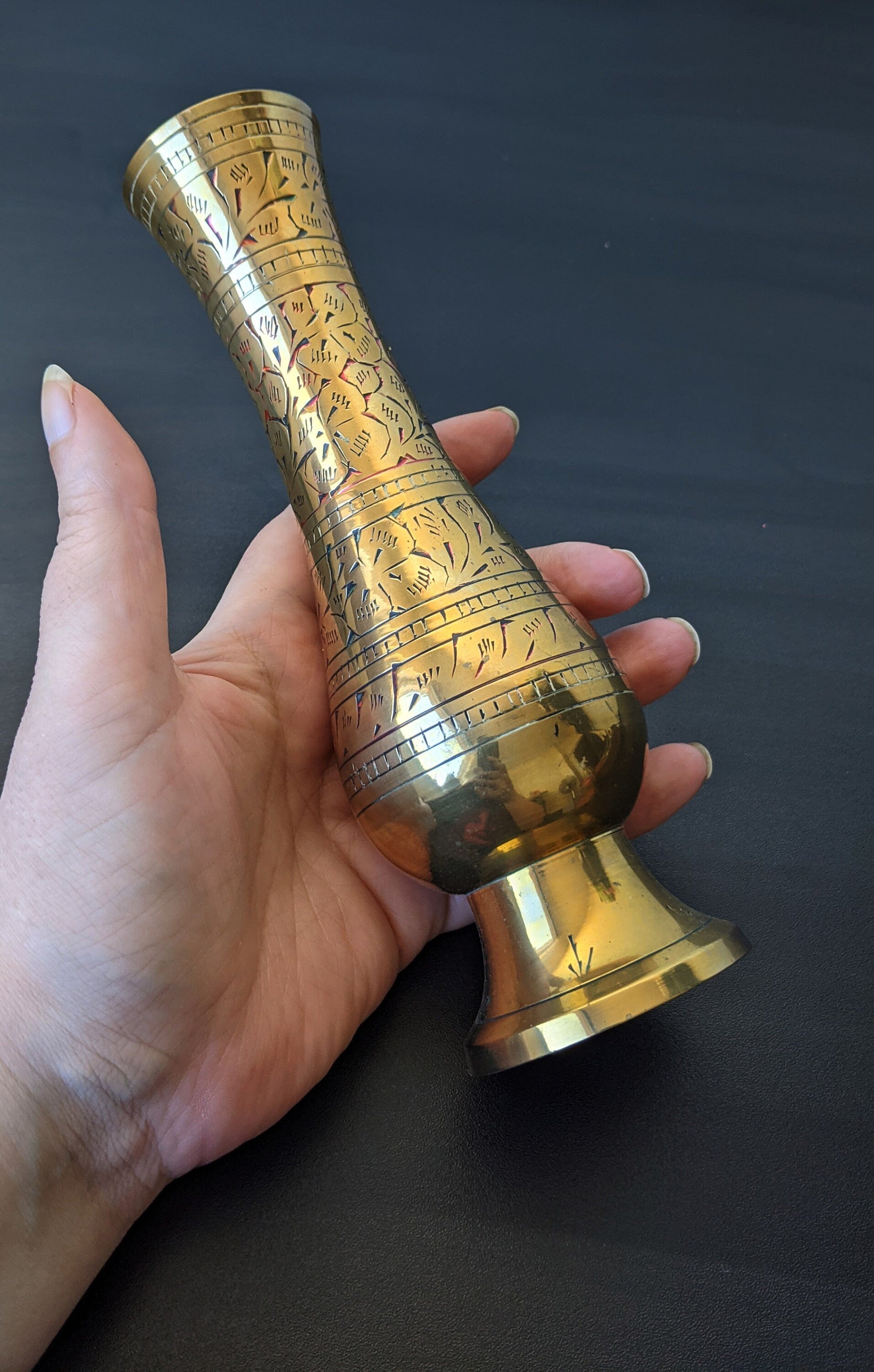 Vintage Small Indian Brass Vase with Chased Flower Design