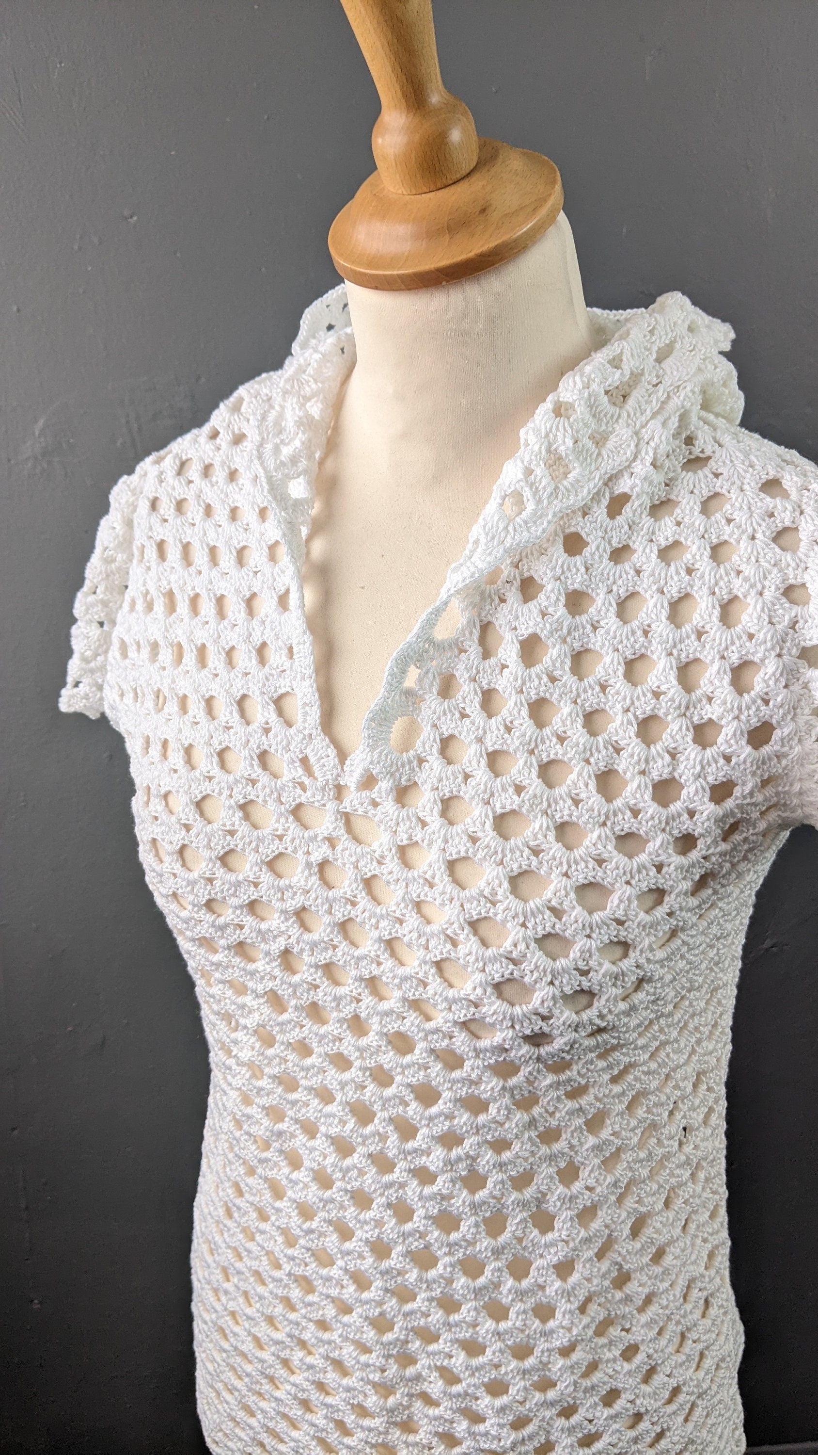 80s Crochet Fishnet Top, Hooded Summer Swimwear Coverup, Size Small Medium