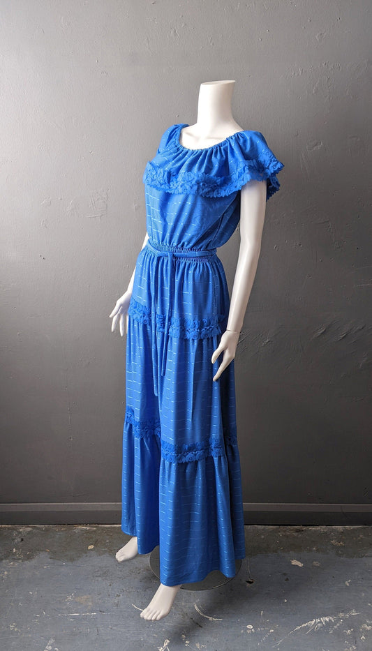 80s Cobalt Blue Maxi Dress by C&A, Tiered Prairie Boho, Size Medium