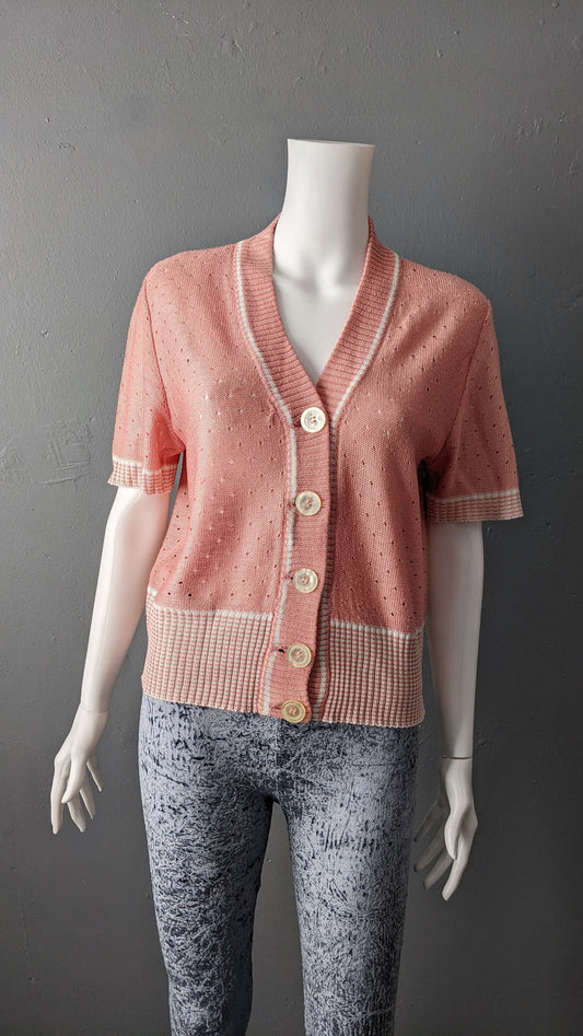 80s Salmon Pink Stripe Cardigan, Vintage Summer Knitwear, Size Medium