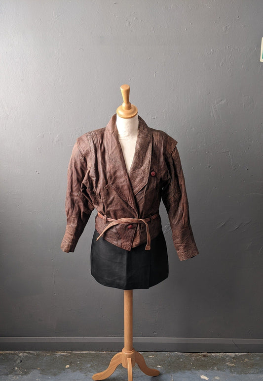 Vintage 80s Leather Coat, Eighties Dystopia Laced Biker Jacket, Size Small Medium