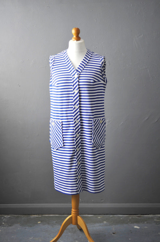 70s Nautical Stripes Dress, Sleeveless Summer Plus Size Vintage