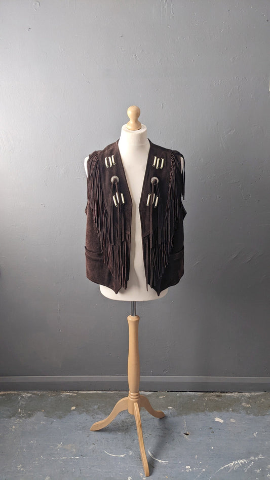 80s Mens Suede Western Vest by Sonneti, Sleeveless Fringe Jacket, Size Medium Large