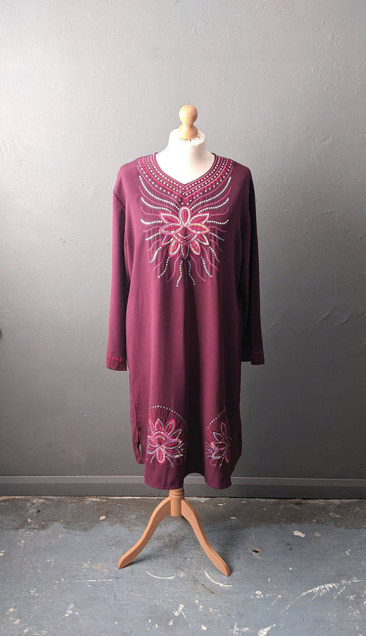 90s Sequin Embroidered Kaftan, Indian Ethnic Kurta, Long Loose Shirt, Plus Size XL XXL