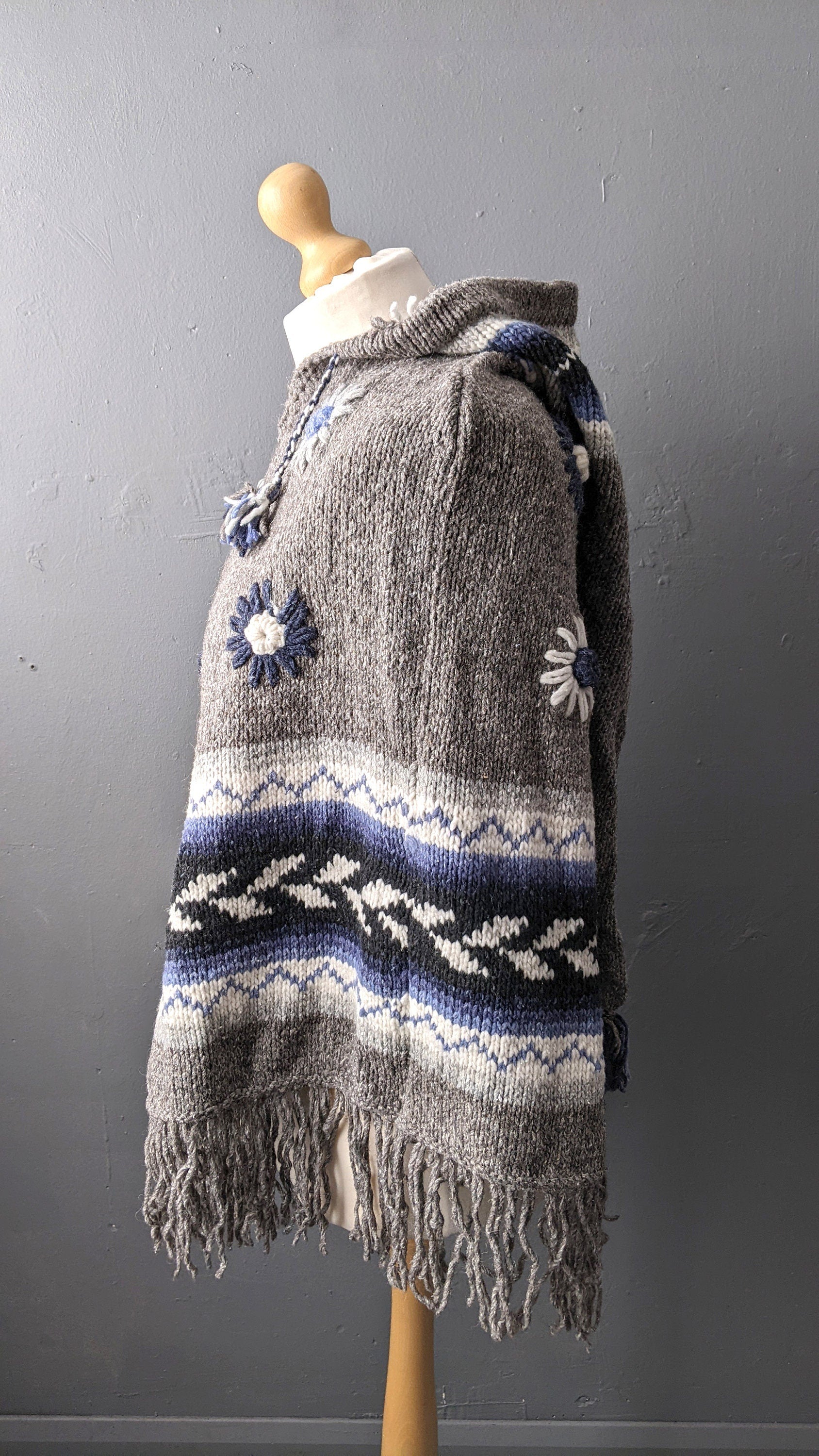 90s Wool Poncho with Pixie Hood, One Size