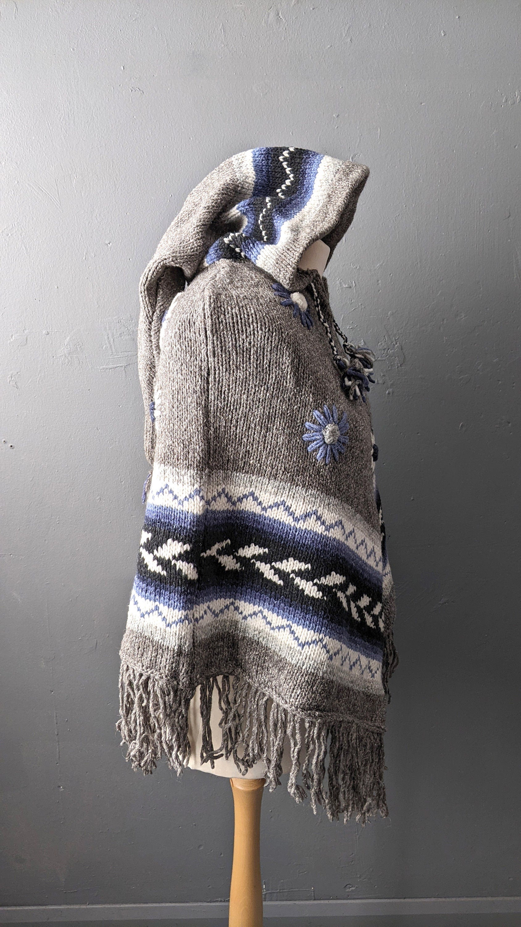 90s Wool Poncho with Pixie Hood, One Size