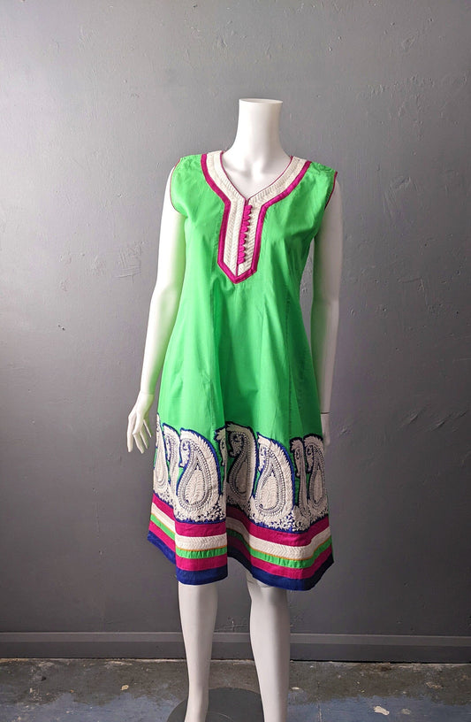 Vintage Colourful Cotton Kameez, Indian Flared Tunic Dress with Paisley Aari, Size Small