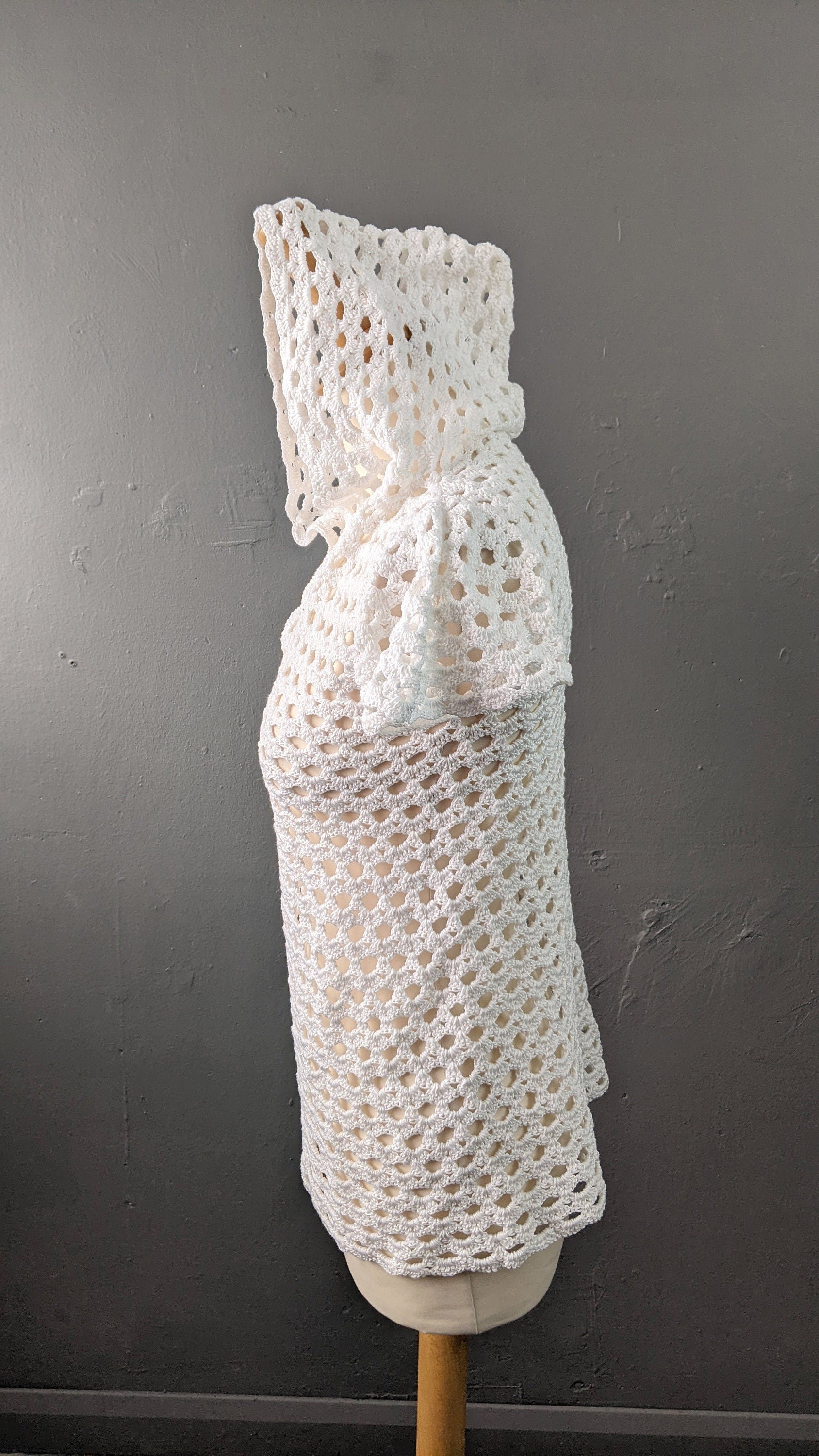 80s Crochet Fishnet Top, Hooded Summer Swimwear Coverup, Size Small Medium