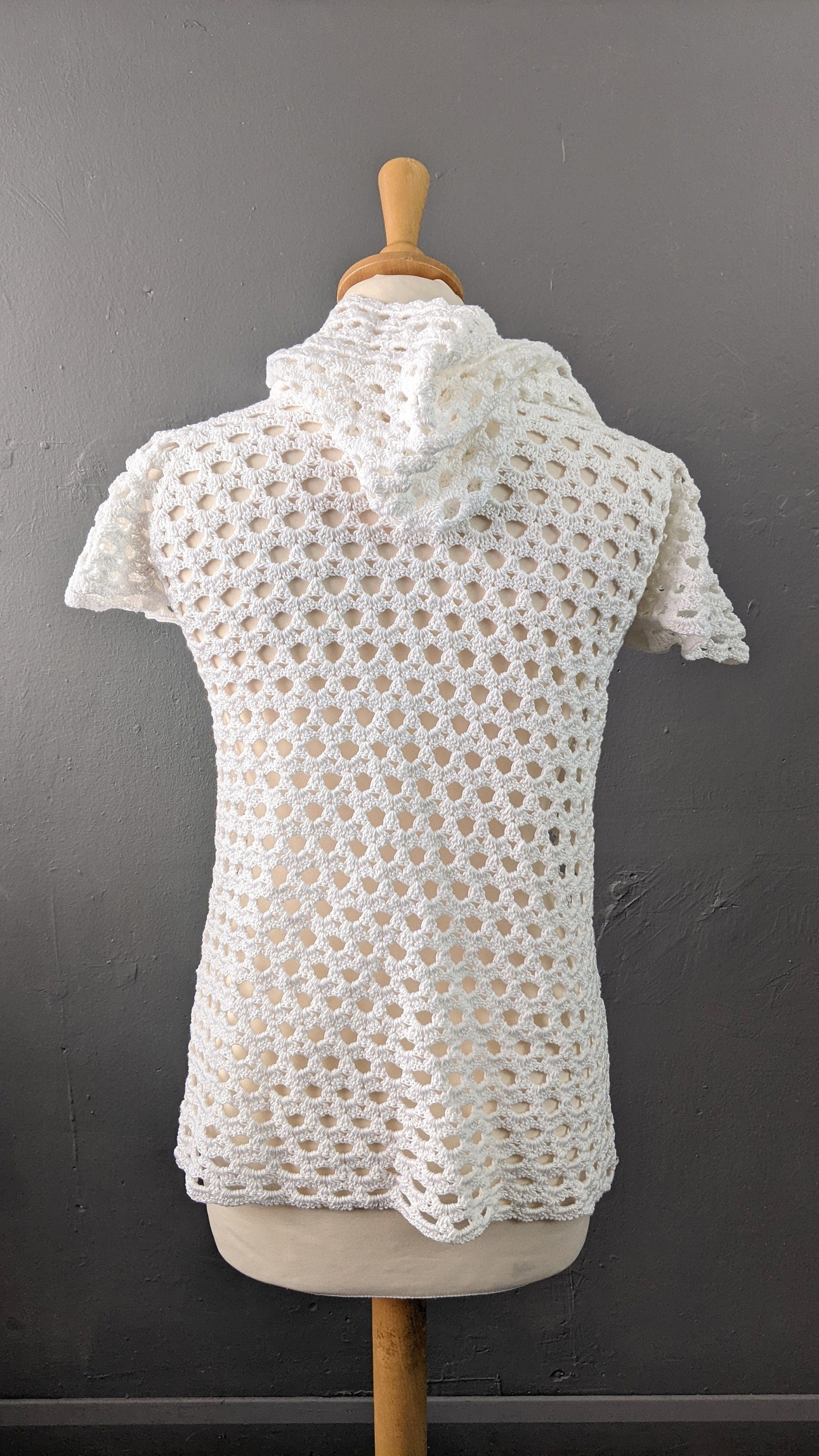 80s Crochet Fishnet Top, Hooded Summer Swimwear Coverup, Size Small Medium