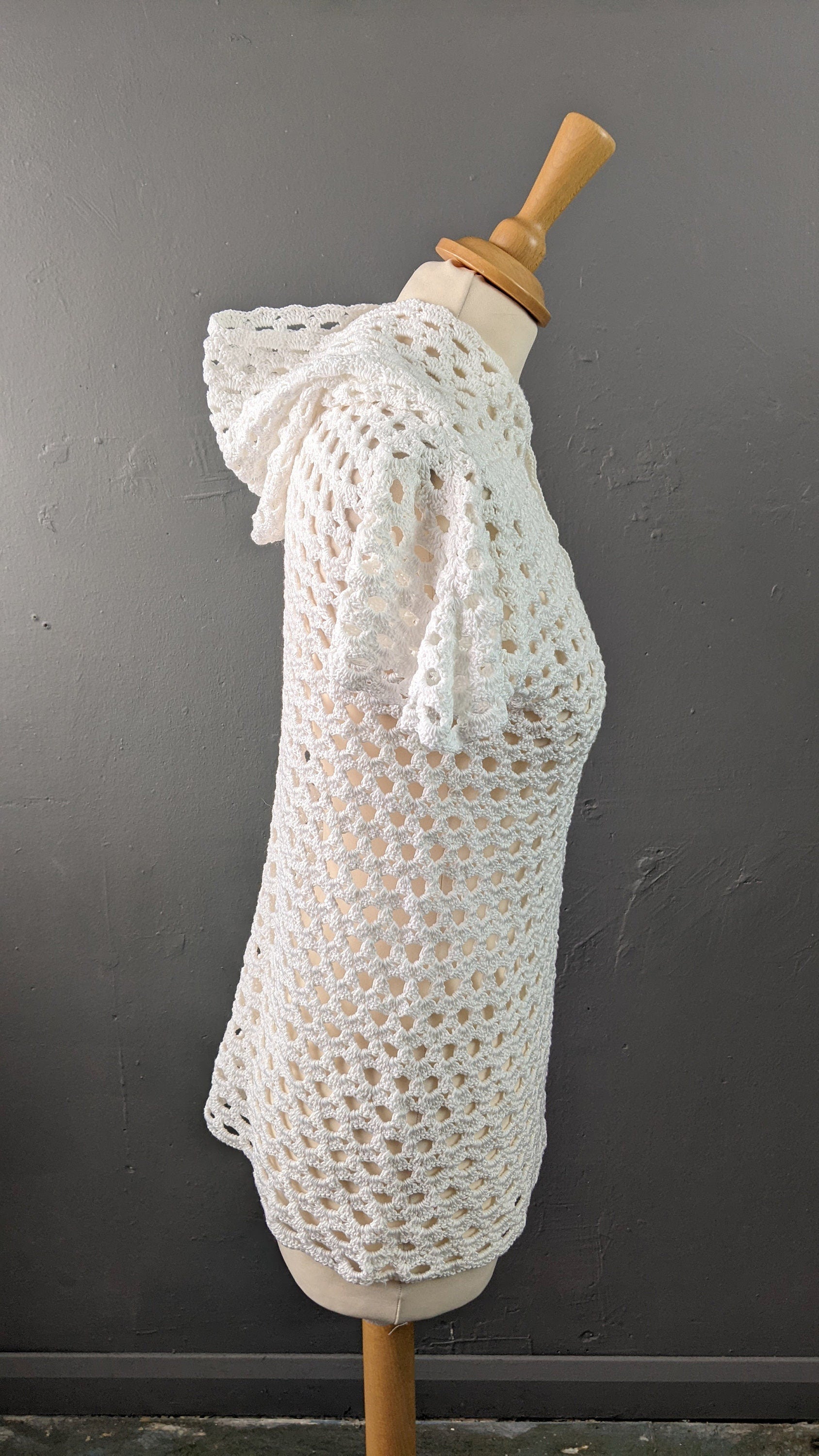 80s Crochet Fishnet Top, Hooded Summer Swimwear Coverup, Size Small Medium