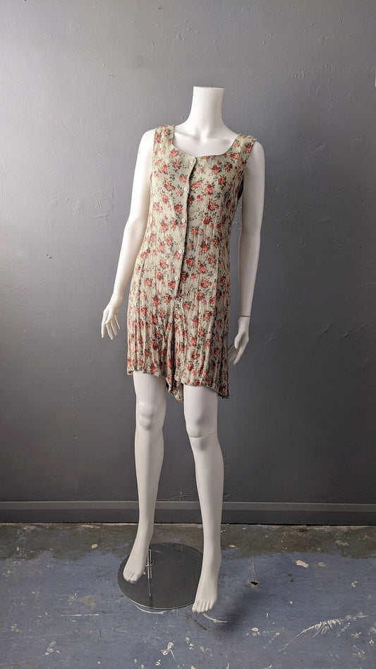 90s Cottagecore Playsuit With Grunge Roses, Crinkle Pleated Short Romper, Size Medium