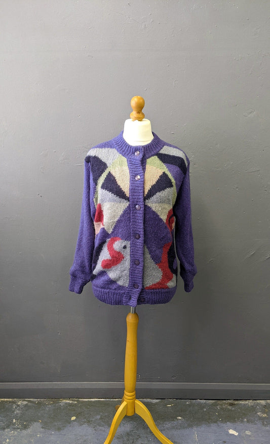 80s Colourful Cardigan, Wool Blend Multicoloured Coatigan, Size Medium