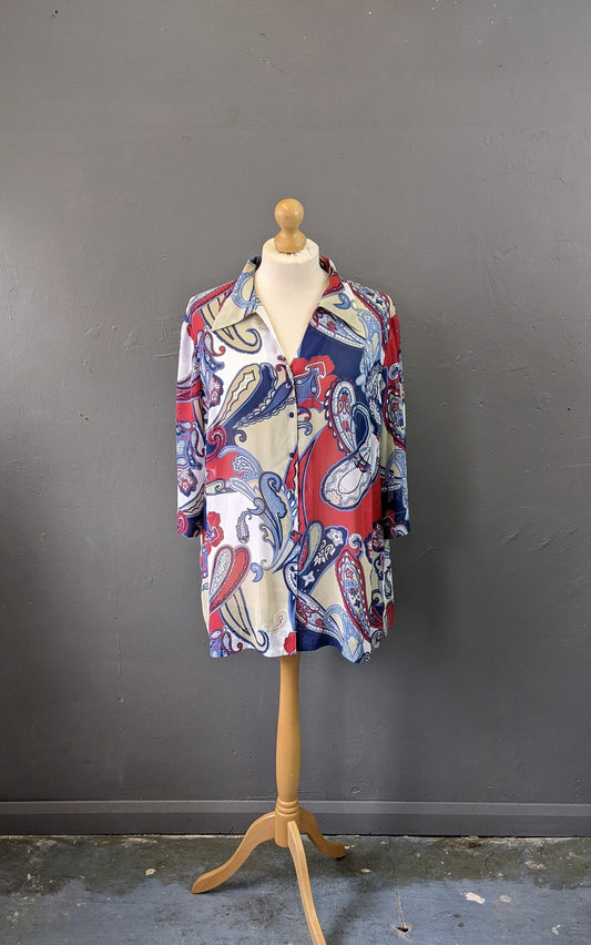 90s Paisley Chiffon Blouse, Multicoloured Loose Fit Shirt, Plus Size XXL
