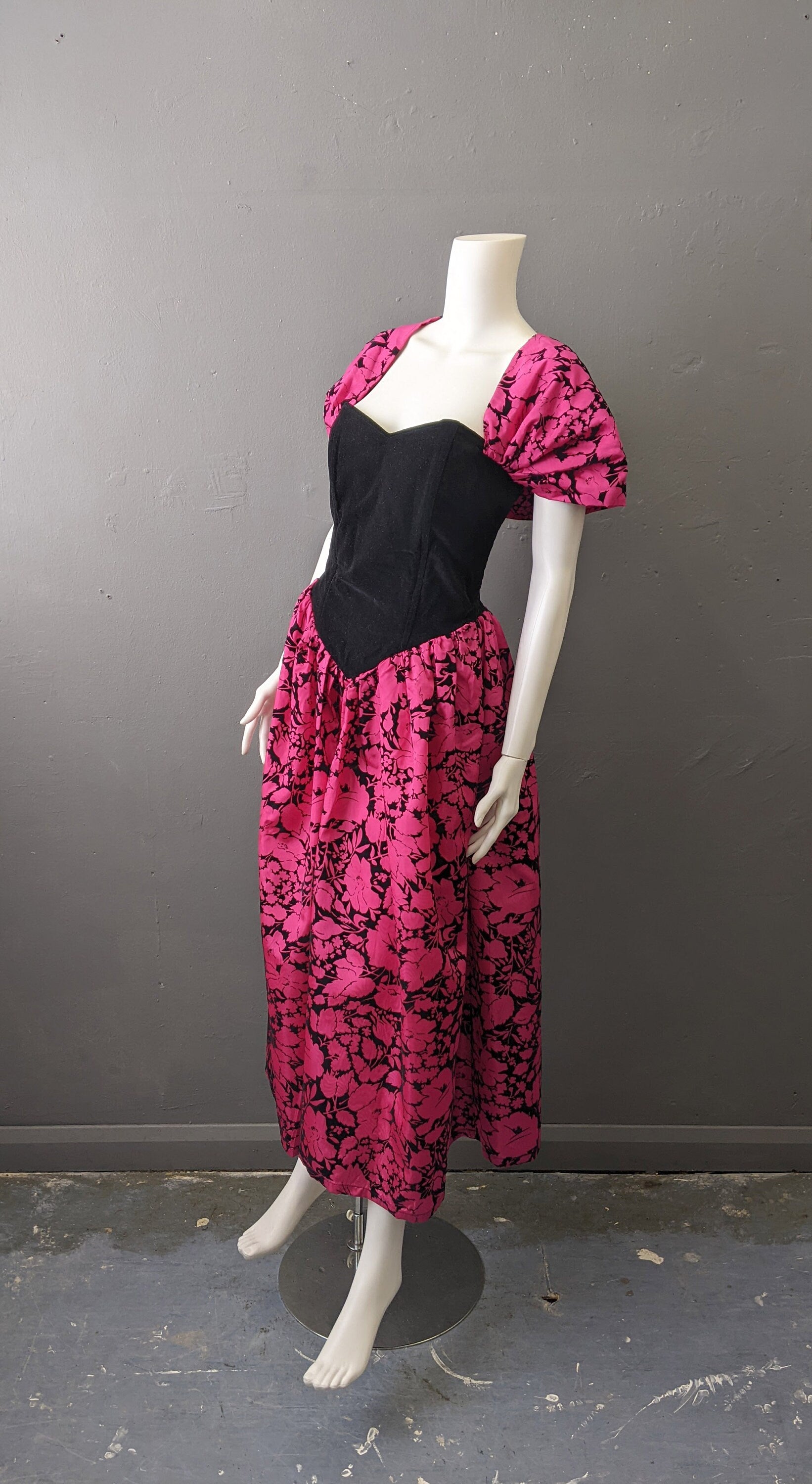 Fuschia 80s Velvet Taffeta Prom Dress by Freds, Eighties Party Outfit, Size Small