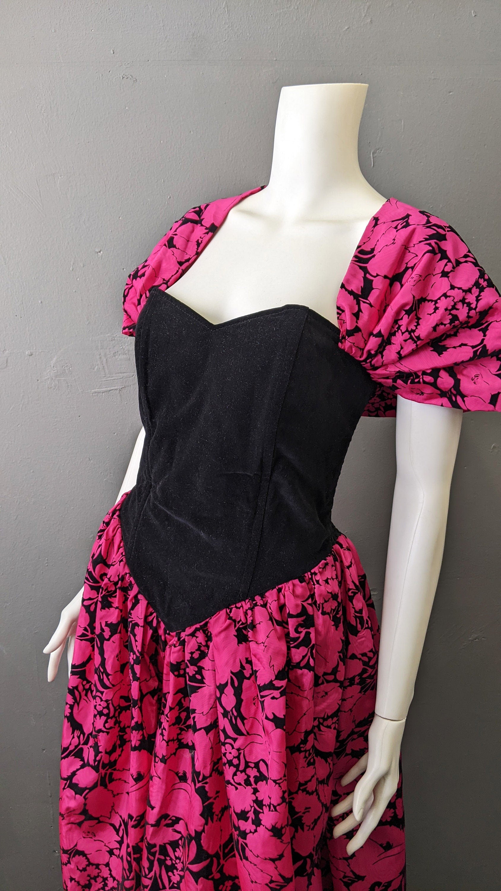 Fuschia 80s Velvet Taffeta Prom Dress by Freds, Eighties Party Outfit, Size Small