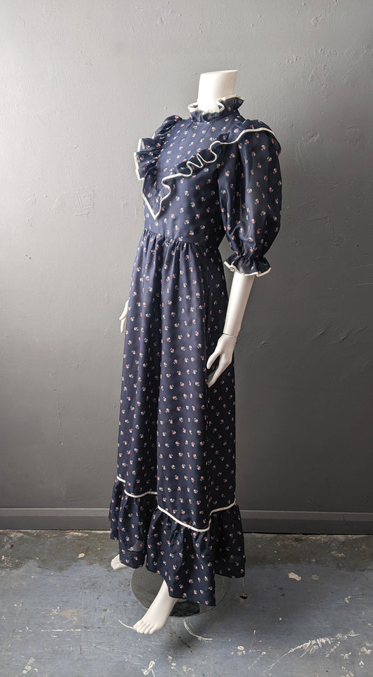 80s Frilly Prairie Maxi Dress by E + M Augustat, Boho Victoriana, Size Small
