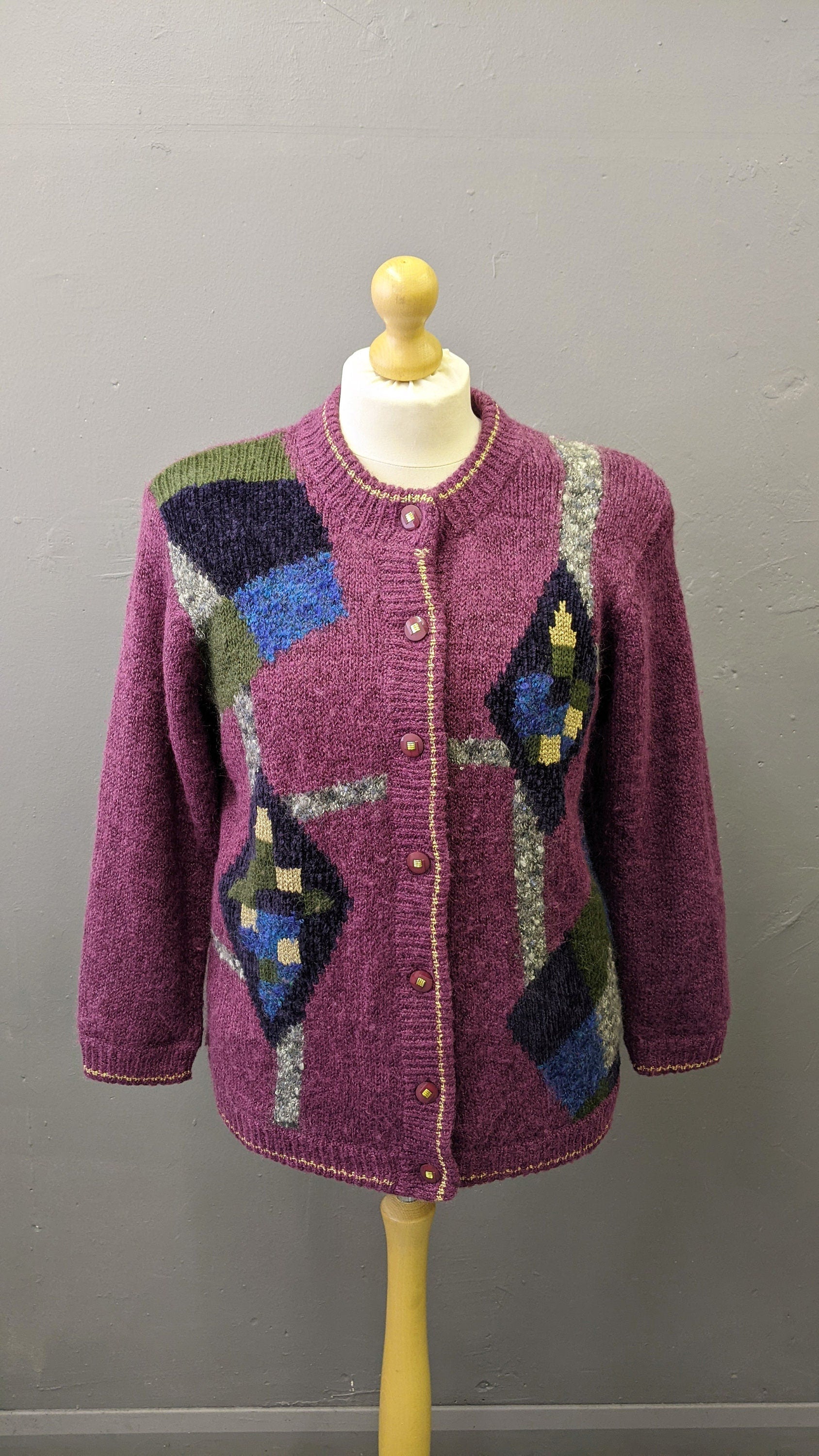 80s Colourful Cardigan, Wool Blend Multicoloured Coatigan, Size Medium Large