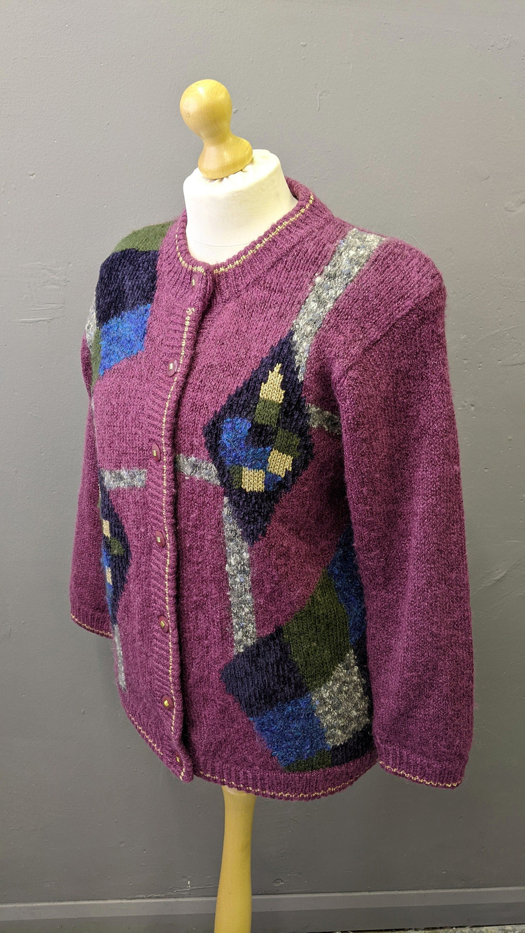 80s Colourful Cardigan, Wool Blend Multicoloured Coatigan, Size Medium Large