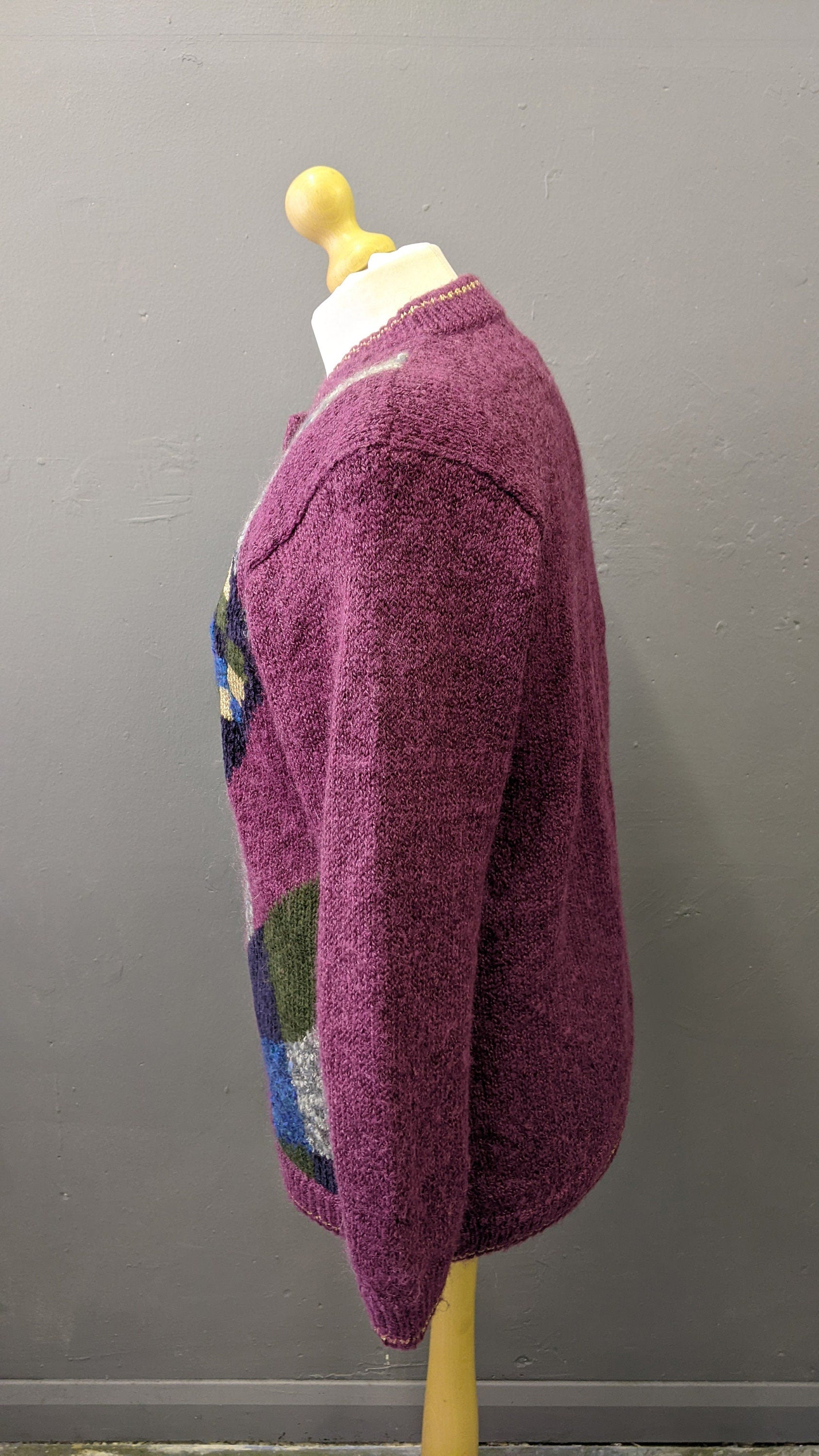 80s Colourful Cardigan, Wool Blend Multicoloured Coatigan, Size Medium Large