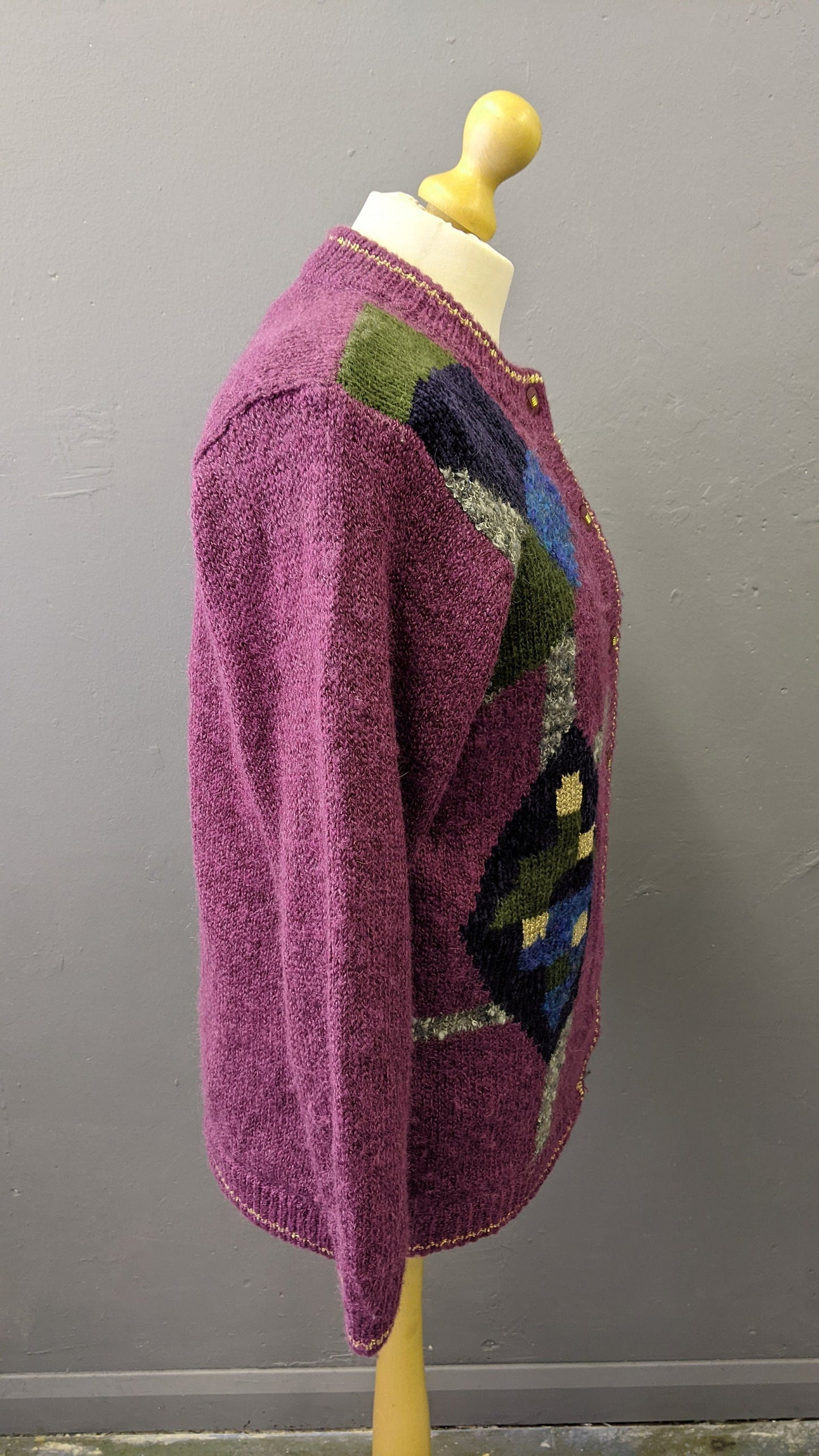 80s Colourful Cardigan, Wool Blend Multicoloured Coatigan, Size Medium Large