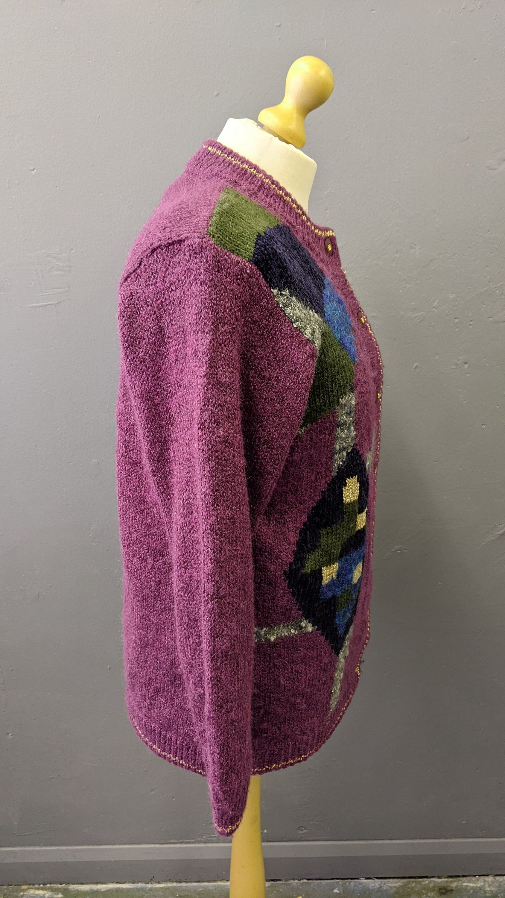 80s Colourful Cardigan, Wool Blend Multicoloured Coatigan, Size Medium Large