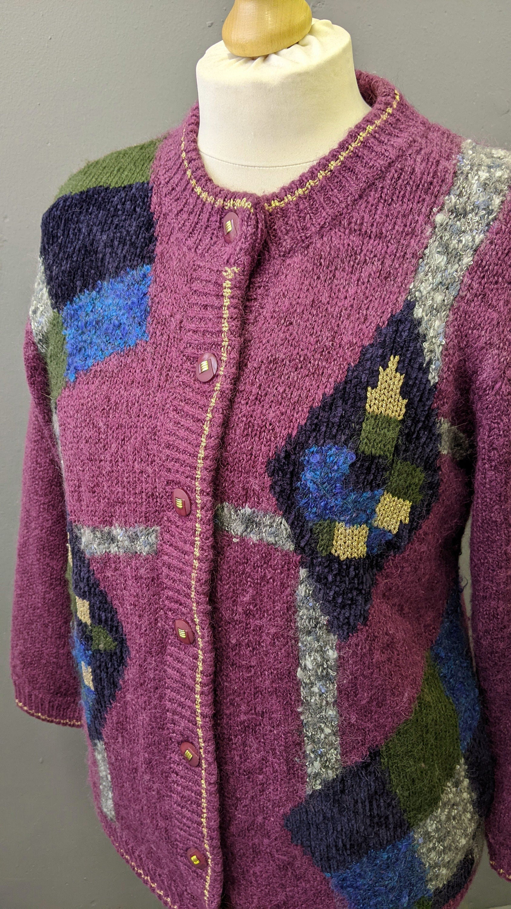 80s Colourful Cardigan, Wool Blend Multicoloured Coatigan, Size Medium Large