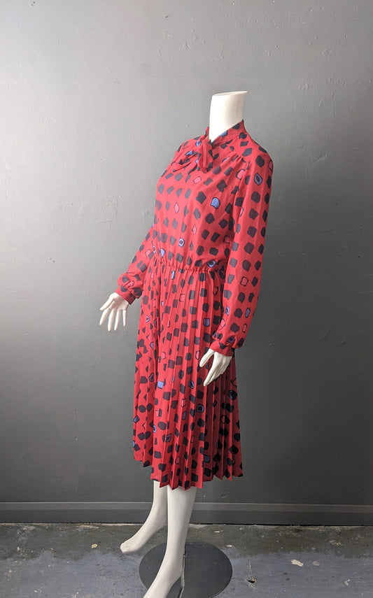 80s Raspberry Spot Day Dress, Summer Pleated Pussy Bow Dress, Size Medium