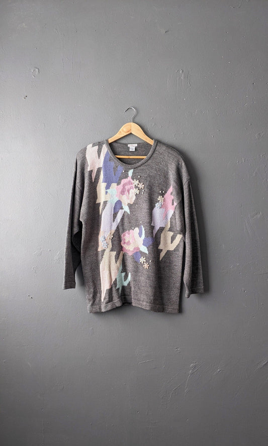 90s Sweater with Angora, Abstract Floral Houndstooth Jumper, Size Large XL