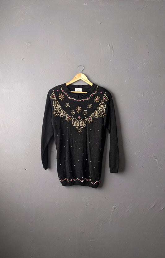 80s Embellished Gem Sweater by Sophie Teale, Kitsch Party Jumper, Size Medium Large