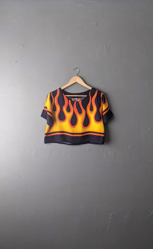 90s Flames Crop Top, Speedway Moto Style Slouchy Tshirt, Size Medium