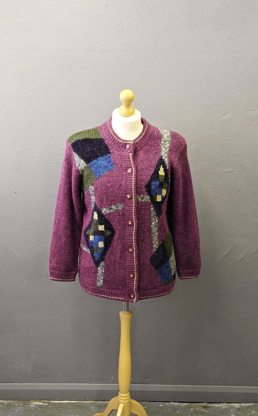 80s Colourful Cardigan, Wool Blend Multicoloured Coatigan, Size Medium Large