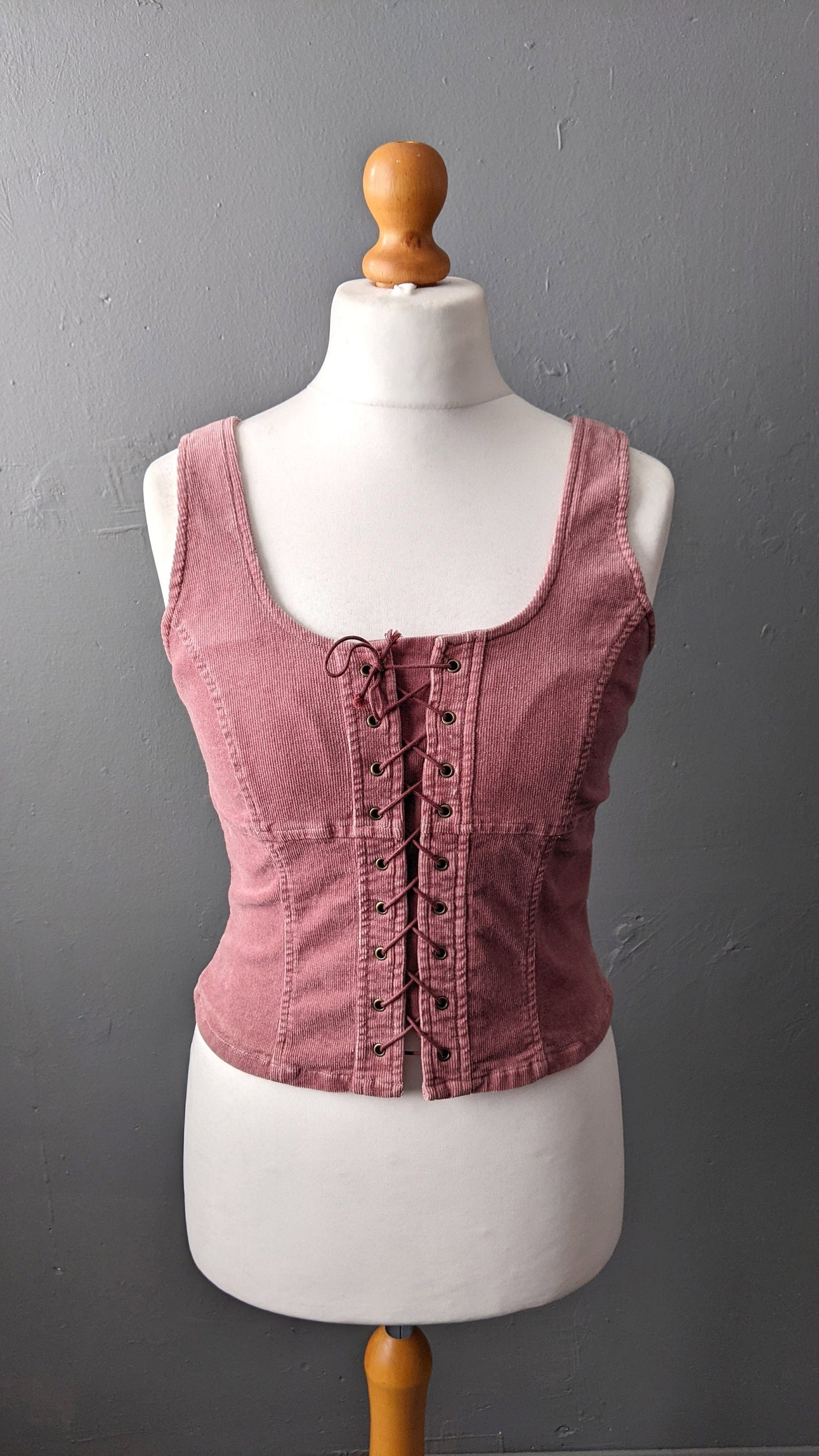 90s Pink Corduroy Bodice Vest with Front Lacing, Size Medium