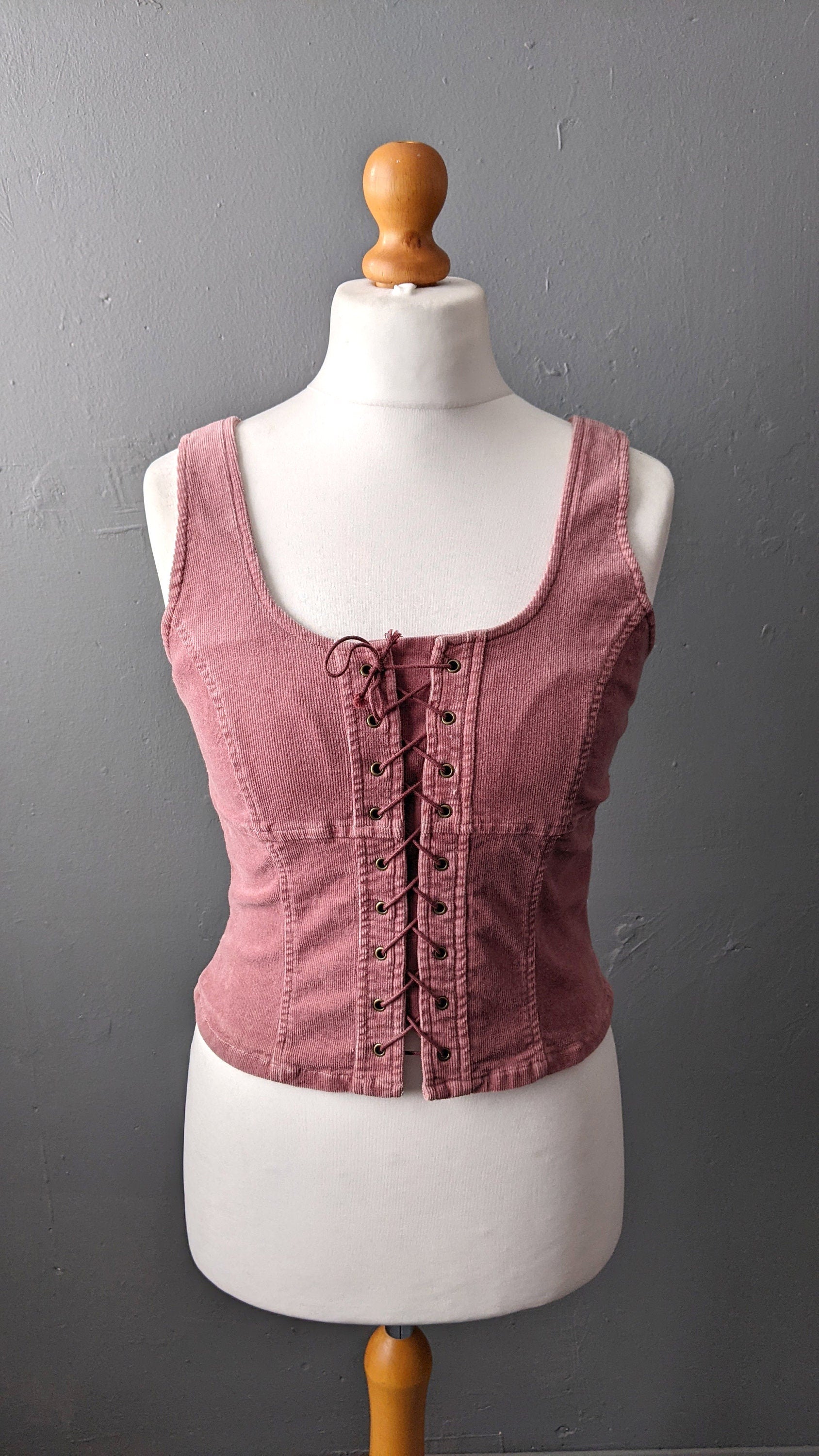 90s Pink Corduroy Bodice Vest with Front Lacing, Size Medium